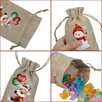 ARTLYMERS 24 Pack Christmas Jute Burlap Bags, Christmas Drawstring Gift Bags for Xmas Presents Holiday Party Favor Treats Candy, 6 Designs