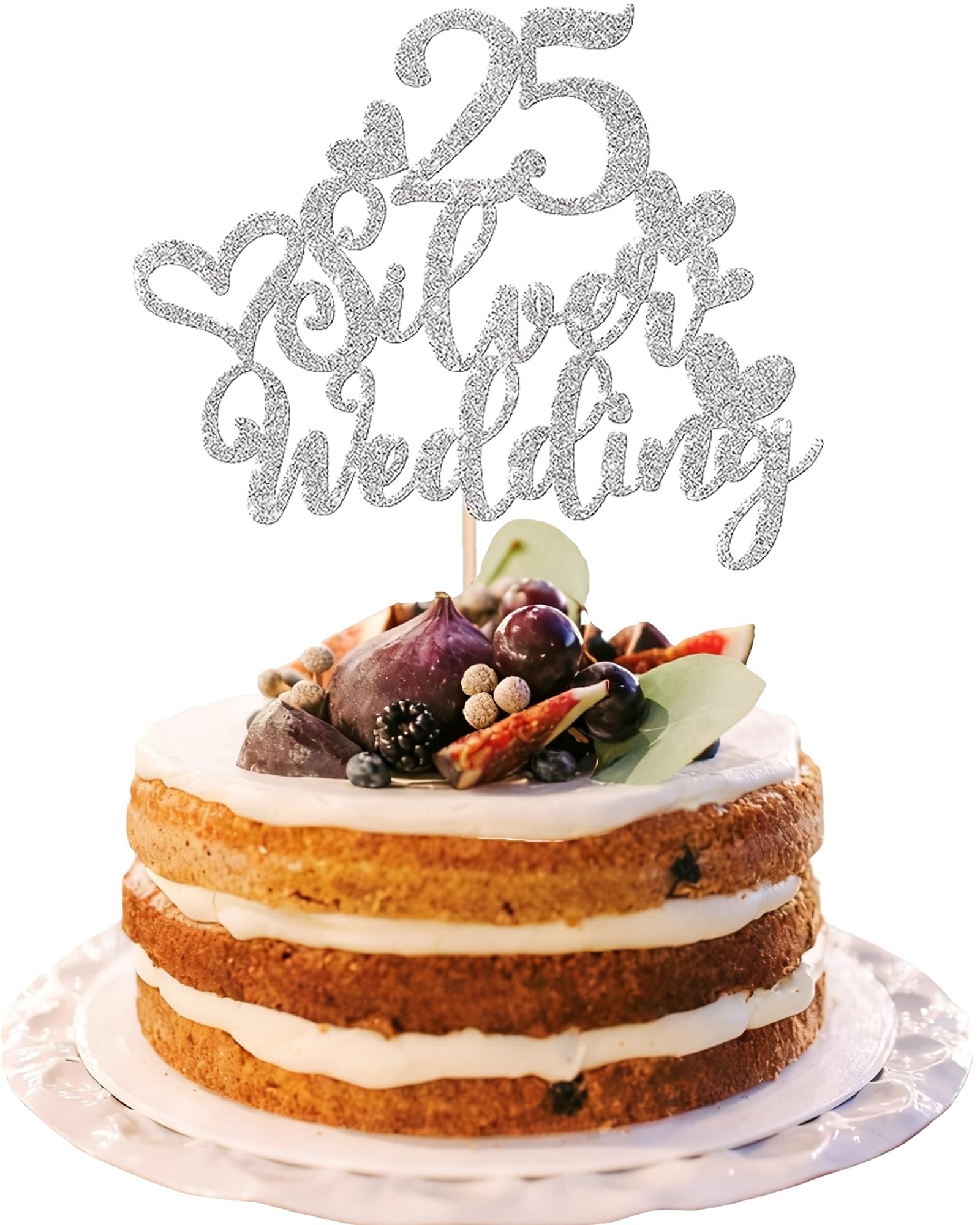 Happy Anniversary Cake Topper, Wedding Cake Topper, Wedding Cakes Decorations, HSC 25th Silver Anniversary Cakes Toppers, Silver Glitter Decor with Heart Design for 25 Year Celebration Party - 1PC