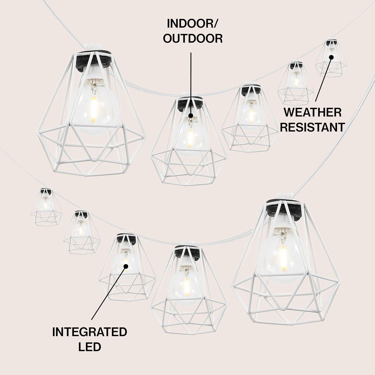 JONATHAN Y 10' White LED String Lights, 10-Light Indoor/Outdoor Set for Patio Deck, Modern Iron Diamond Cage Shade, Weather-Resistant, Connectable, UL Listed (JYL8705B)