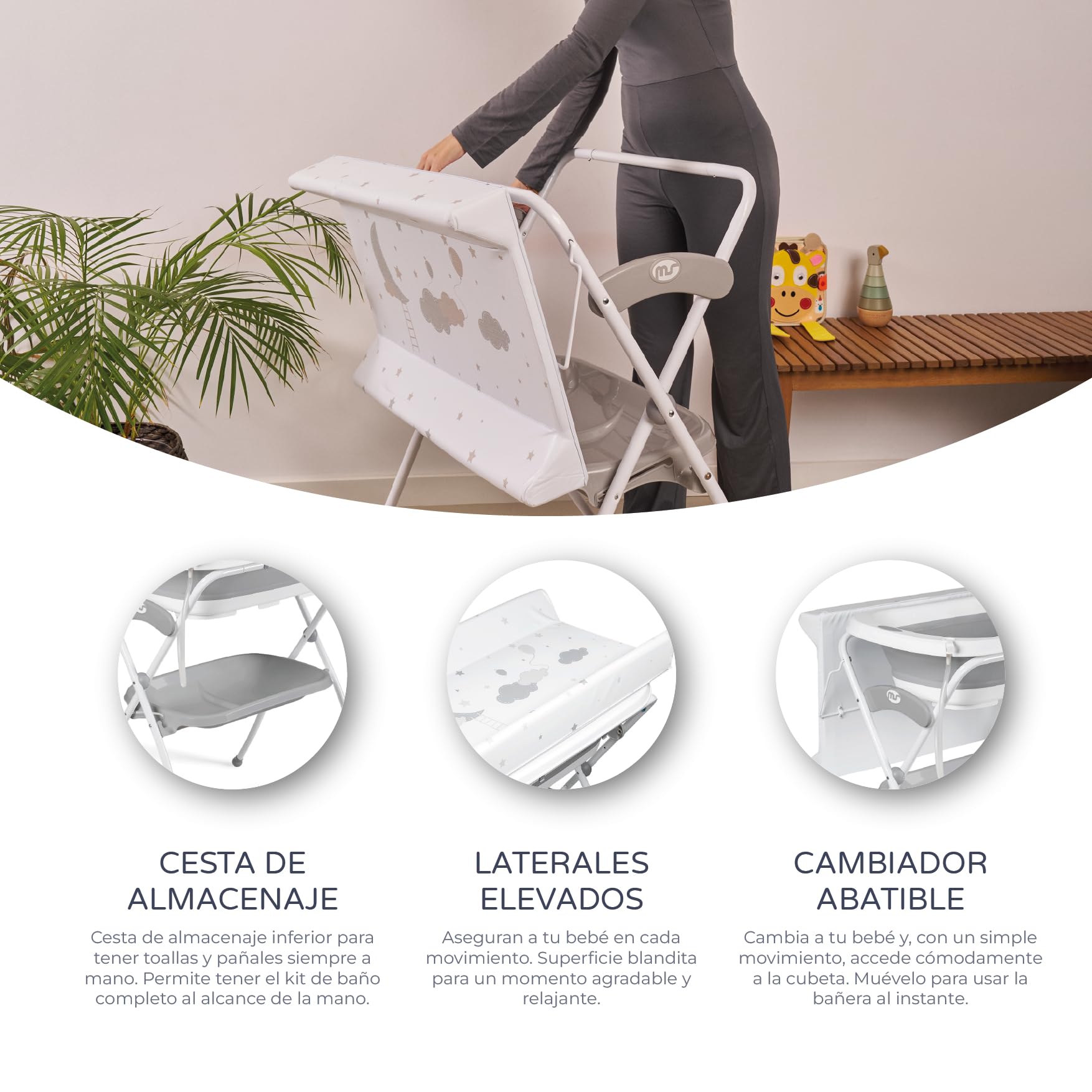 Ms BabyWorld ZOE - Bañera Bebe con Patas, Cambiador, Cojín Reductor y Cesta Portaobjetos - Comoda, Facil de Guardar, con Tapón y Patas Antideslizantes - Bañera Bebé Plegable y Portatil (Gris)