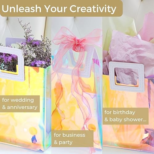 Miniatura 9 de VUOJUR 3 bolsas de regalo holográficas de tamaño mediano de 11 x 9.8 x 5.1 pulgadas, transparentes, reutilizables, bolsas de regalo de cumpleaños