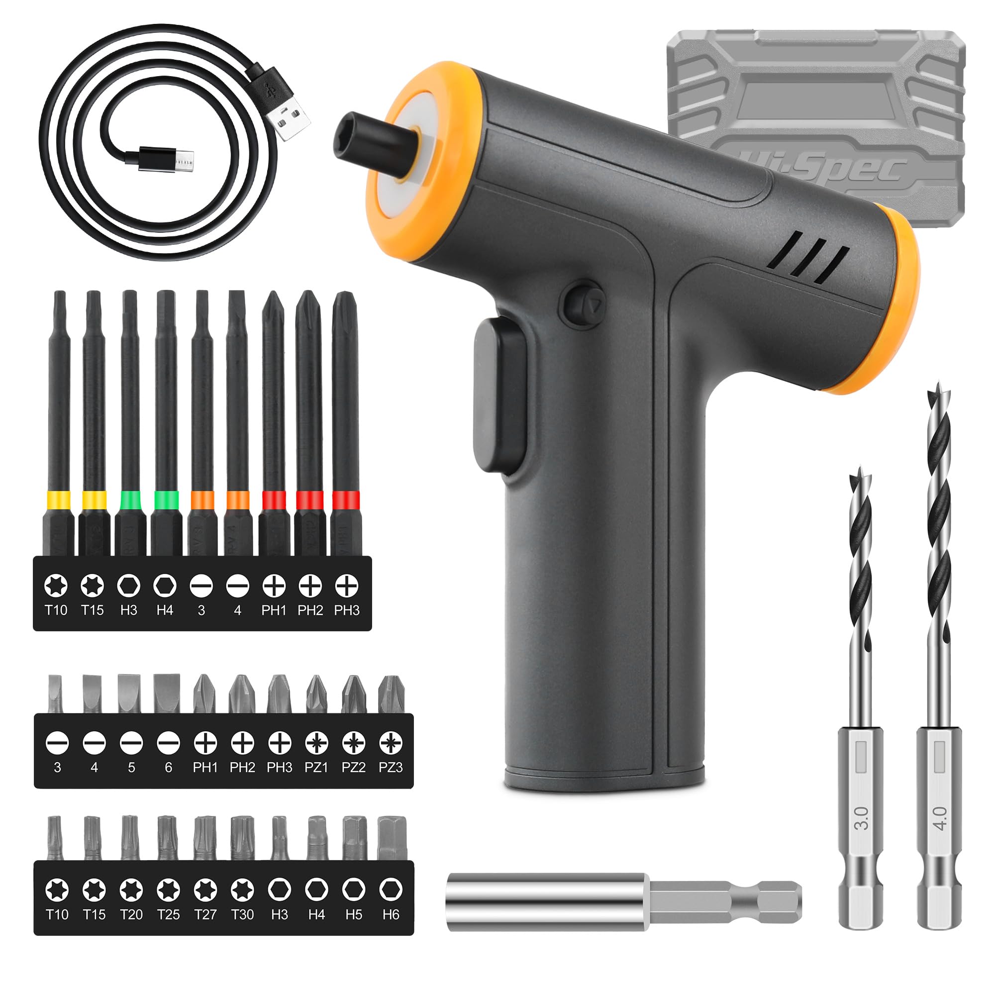 Hi-Spec Men's Gray 4V Usb Power Screwdriver & Screw Bit Set With Bit Handle. Cordless & Rechargeable Electric Screwdriver In A Compact Toolbox Case
