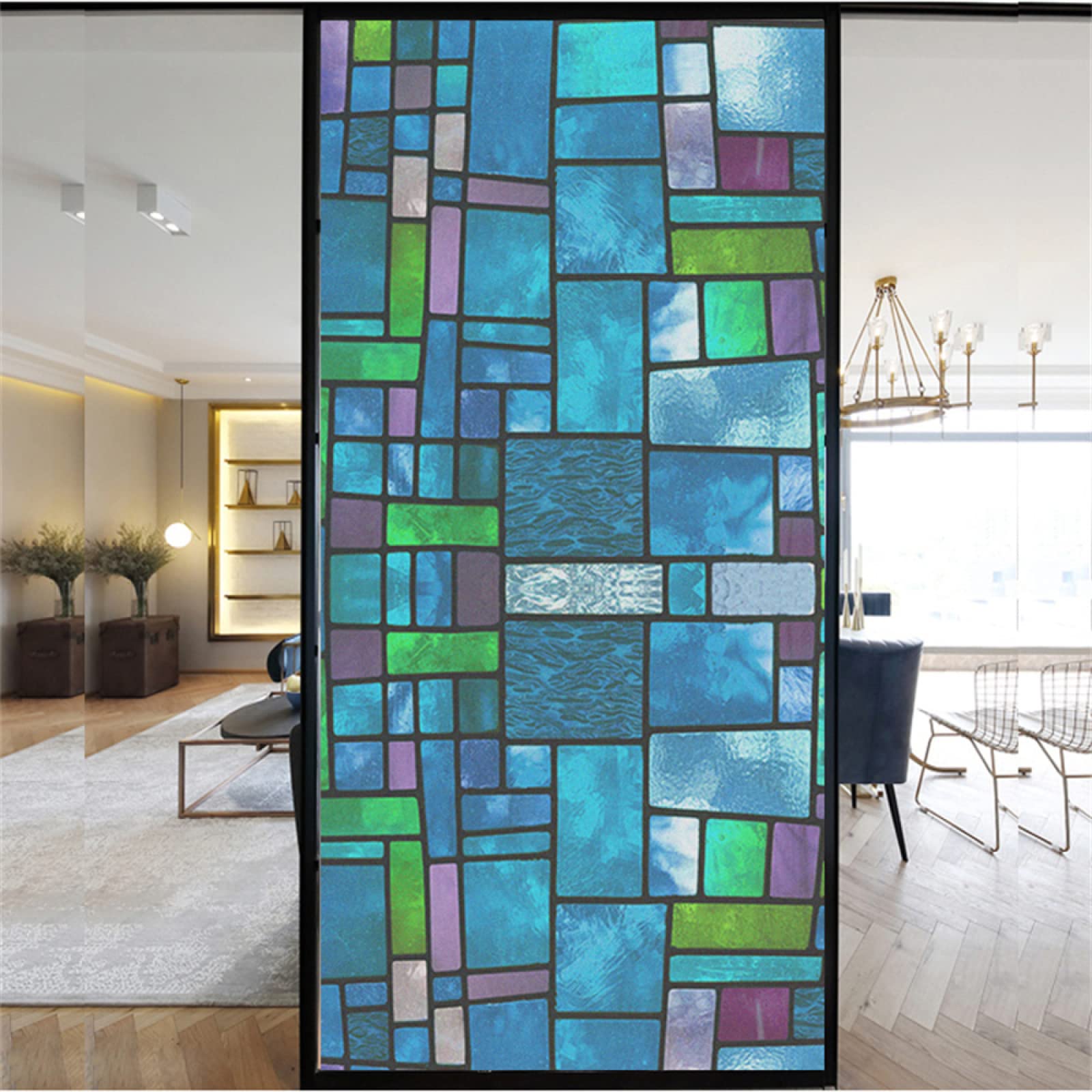 Pellicola per vetri oscurante,Pellicola privacy finestre,anti-peeping,Autoadesive,Anti-UV,quadrato blu ,Ideale per Ufficio Camera da Letto Sala(90cmx200cm)