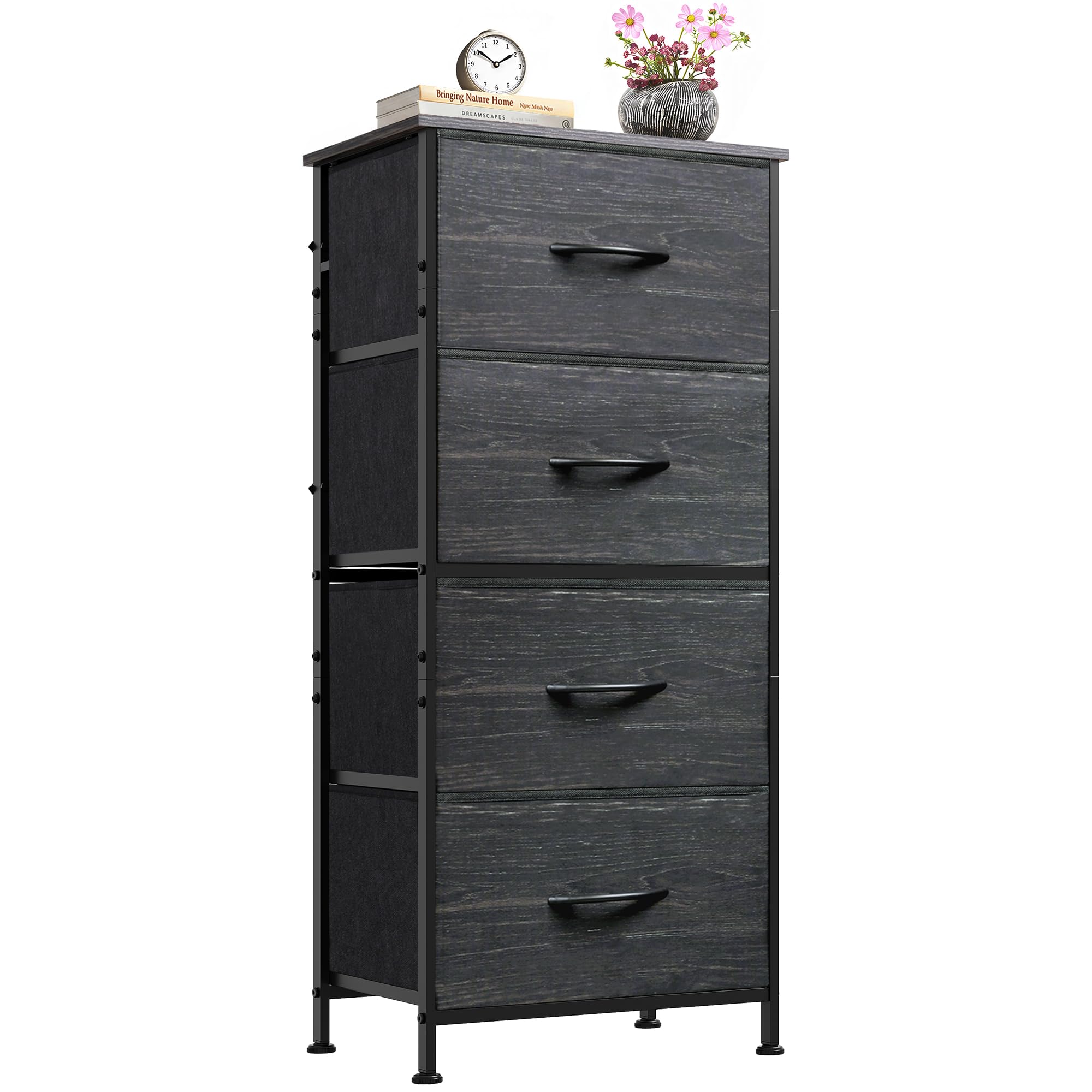 WLIVE Small Dresser Nightstand for Bedroom, 4 Drawers, Black Wood Grain