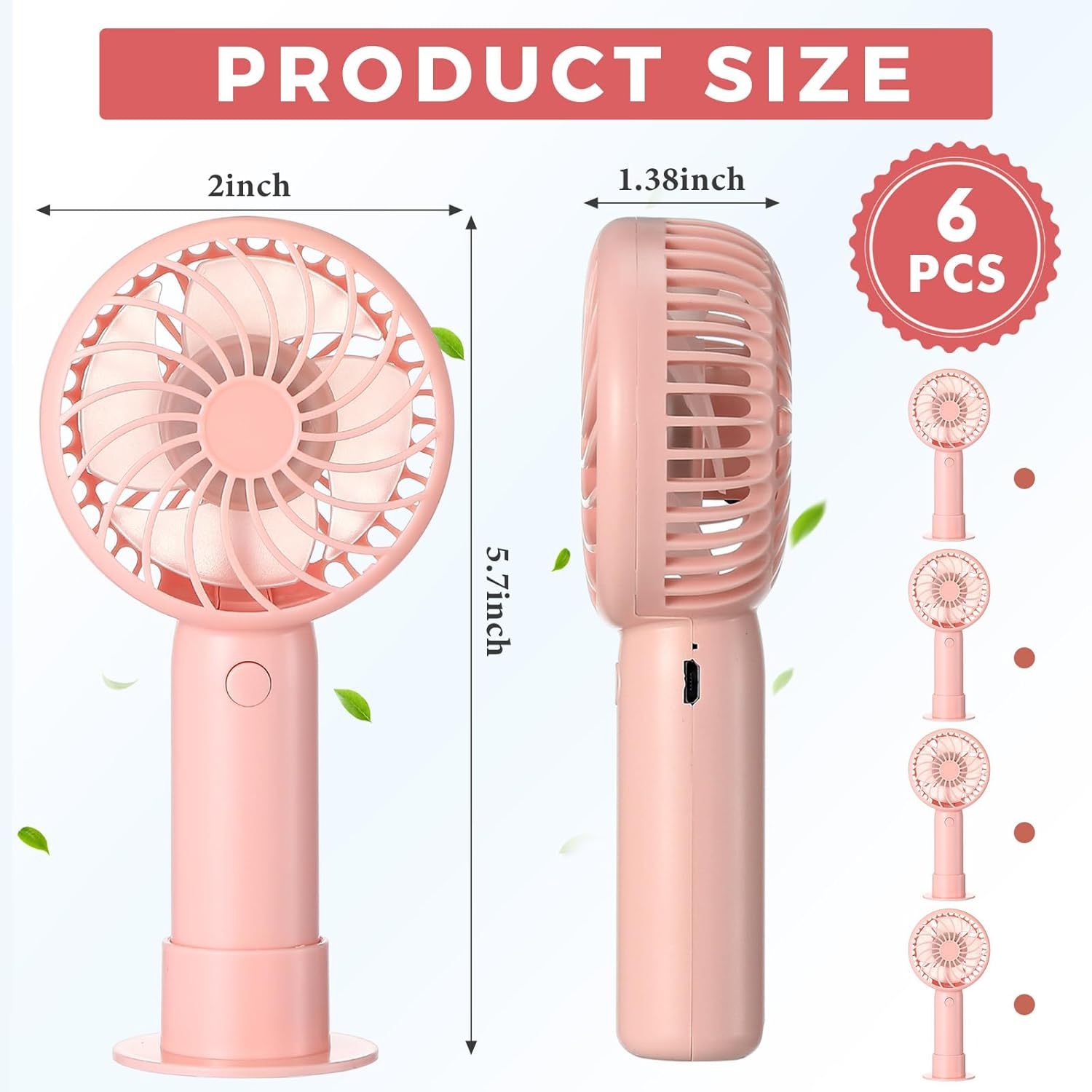 Tujoe 6 Pcs Mini Powerful Handheld Fan 3 Speed Personal Small Portable Rechargeable Fan with Base USB for Women Eyelash Makeup Office Travel Beach Indoor Outdoor (Pink)