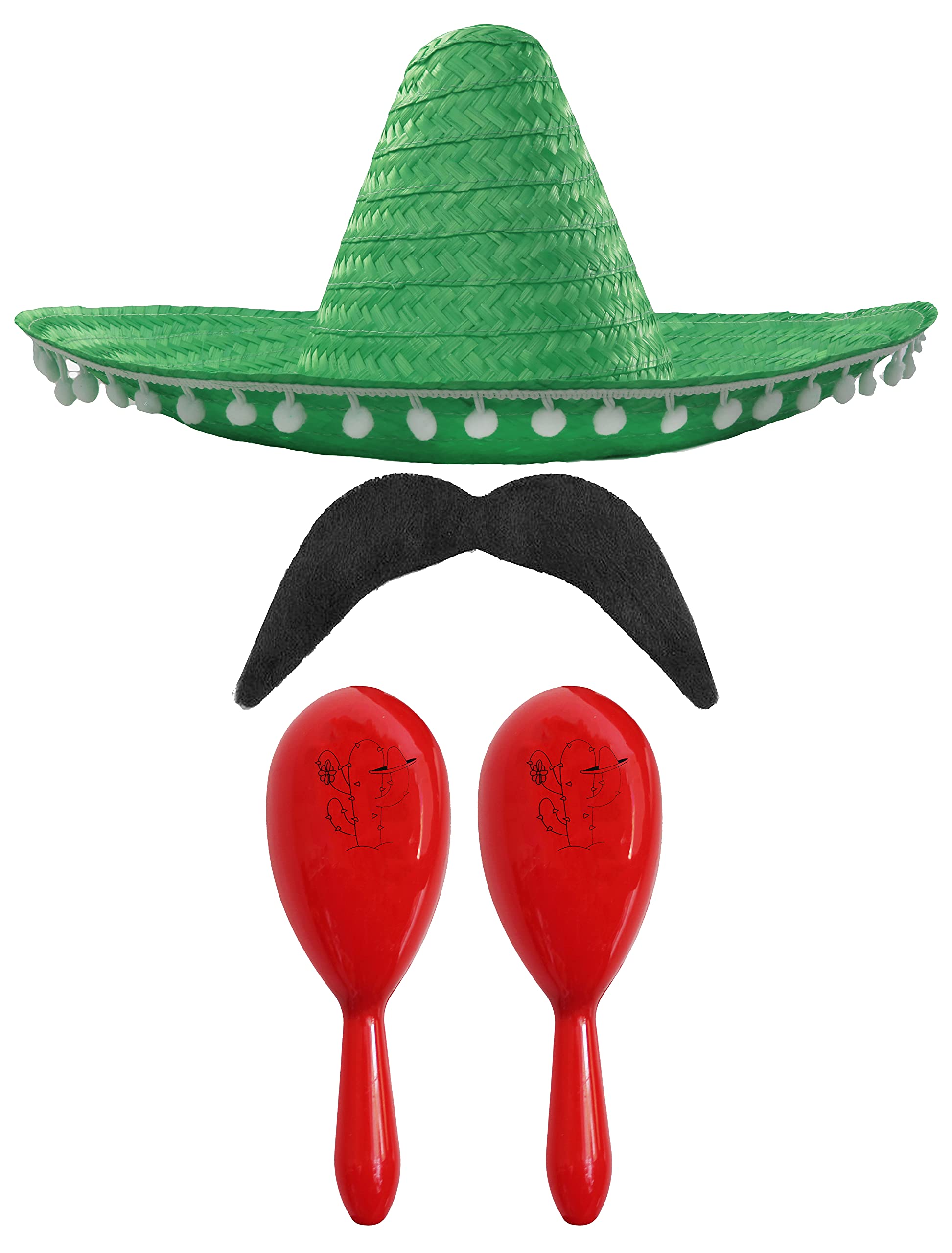 Adults Mexican Accessory Set - Green Mexican Sombrero, Red Maracas, Moustache - Mexican Cinco de Mayo Sensorita Bandit Mariachi Fancy Dress Costume Accessory Set