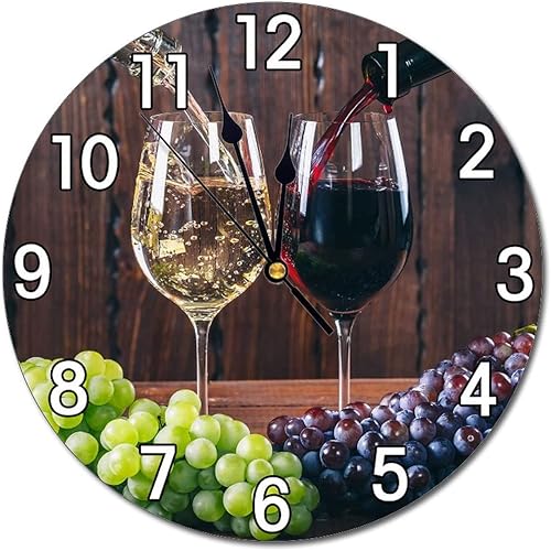 Abucaky Verter vino en las copas de vino reloj de pared funciona con pilas reloj redondo silencioso uvas contra fondo de madera decoración de pared