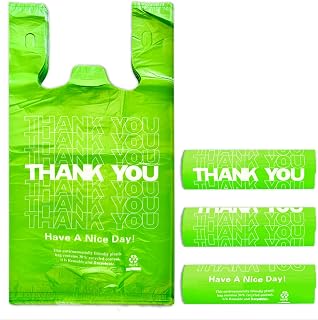 Green Thank you bags, 200PCS T shirt bags, To Go Bags,Grocery bags, Reusable and Disposable,Perfect for Small Business,Take Out,Retail, Large