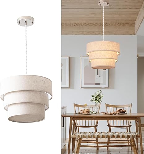 Miniatura 2 de Candelabro de tambor de lino de 3 niveles, lámpara colgante de techo moderna E26, lámpara colgante redonda ajustable para dormitorio, sala de estar,