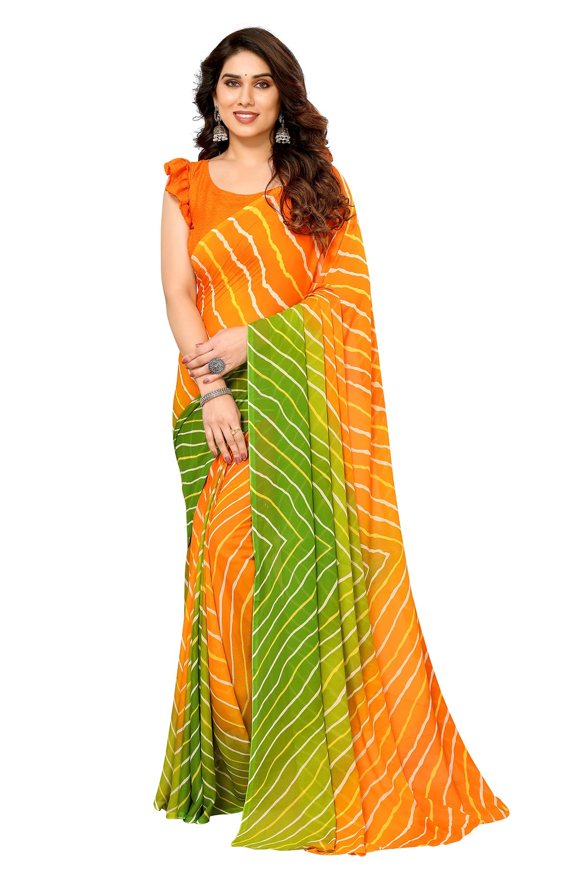 anand sarees Women's Printed, Striped, Ombre Bollywood Georgette Saree with Matching Blouse Piece | Stylish & Beautiful Fancy Saree for Festivals, Parties, Weddings, Casual Outings (Green, Orange)-picture-39