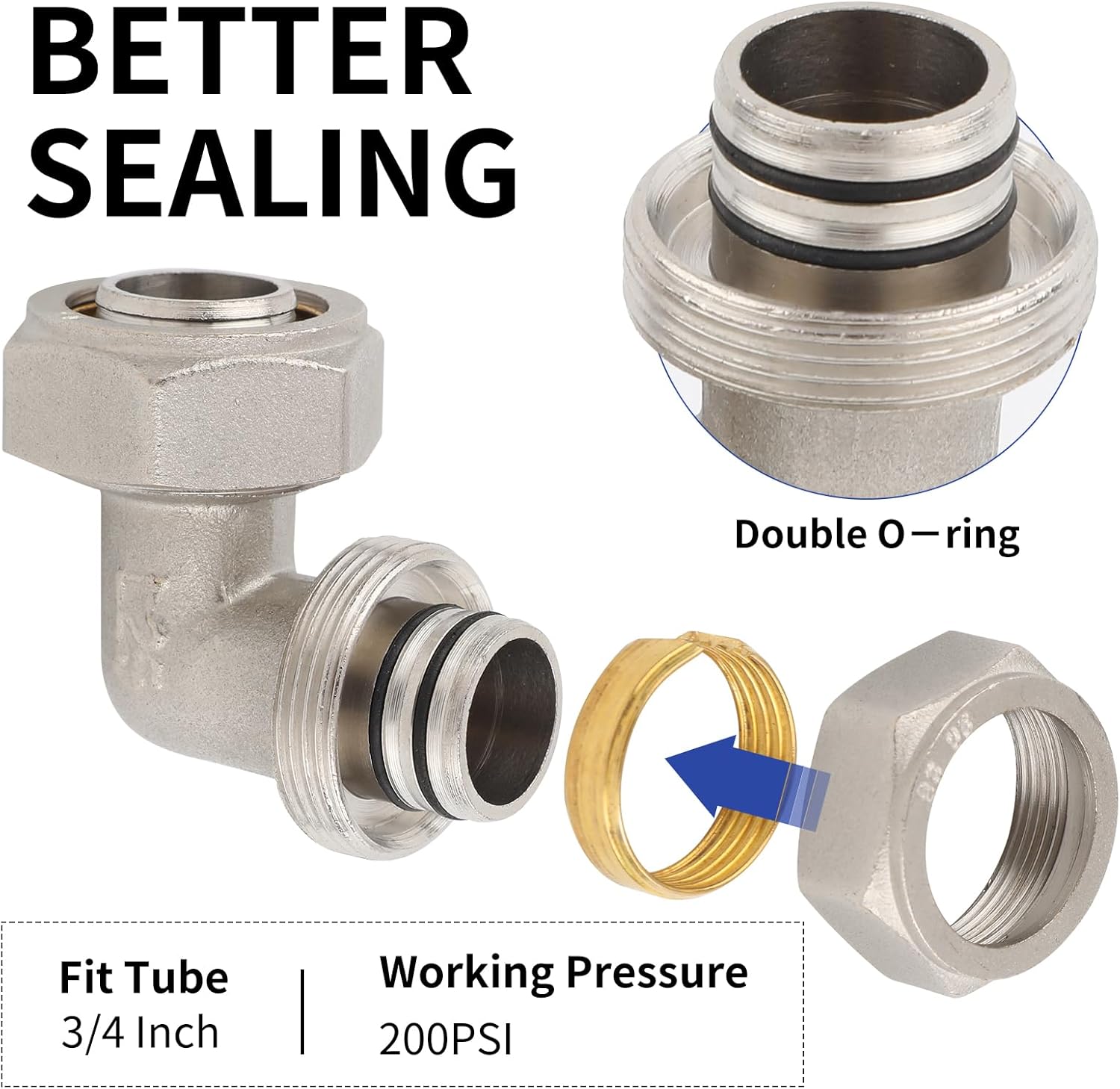 2PCS 3/4’’ Elbow Air Piping Fittings, Brass-Nickel Plated with Double O-Ring 200PSI Air Line Fittings for Shop Garage Compressed Air Line System Kit