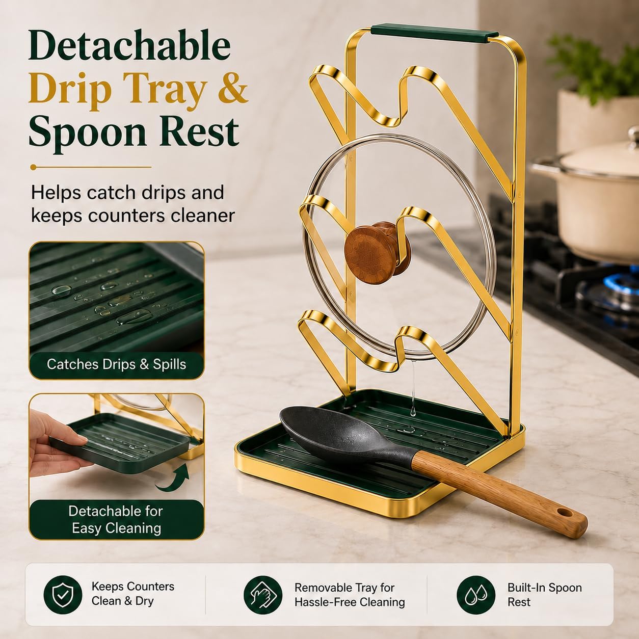 Spoon Rest with Lid Holder, 3-Tier Pot Lid Holder While Cooking, Countertop Organizer with Detachable Drip Tray, Pot Cover Rack for Stove Top, Gold/Dark Green