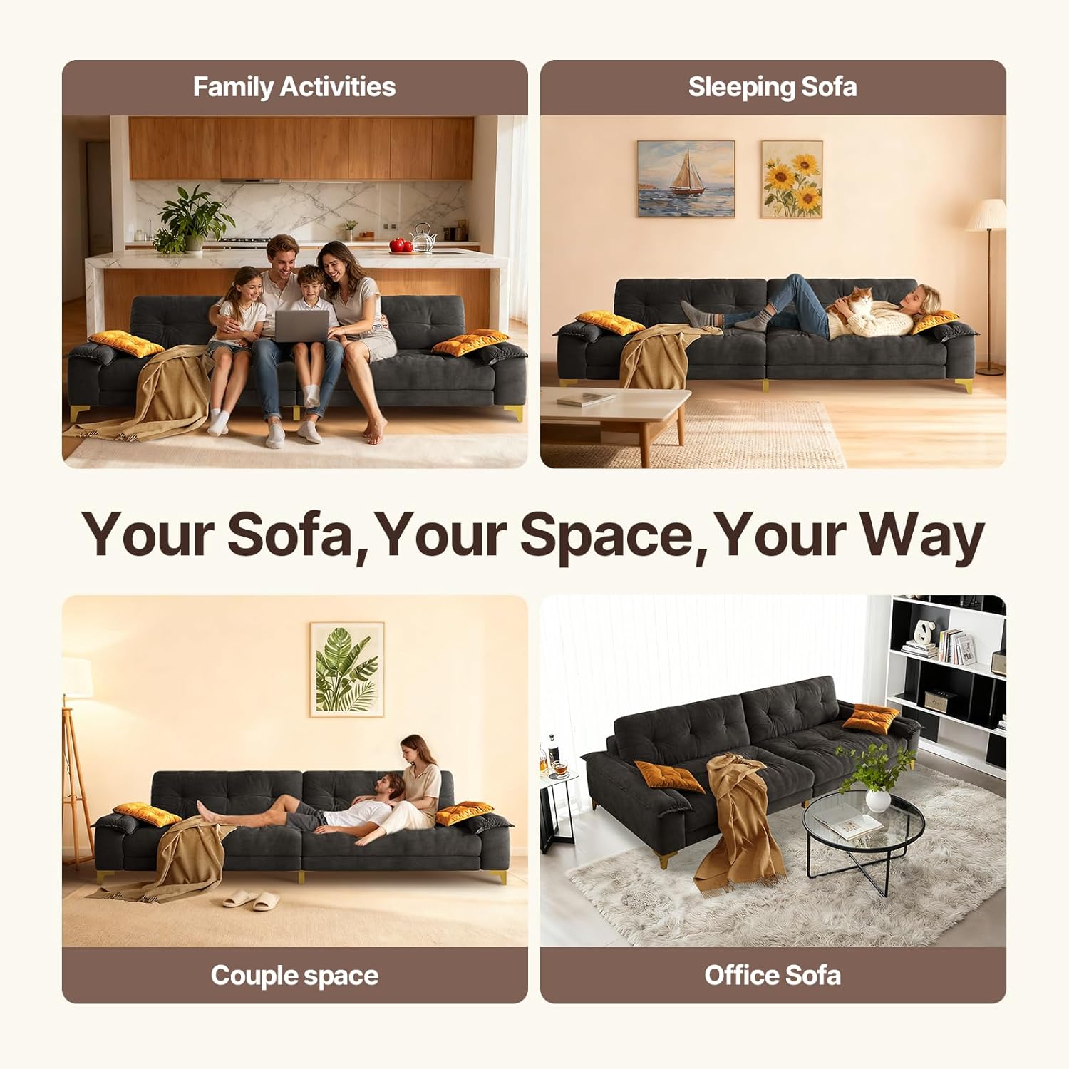 104.7" sectional Couch, mid-Century Modern 4-Seater Comfy Cloud Couch for Living Room Office, Button Tufted upholstered Metal Legs Sofa Sturdy loveseat (Dark Gery, 104.7Inch)