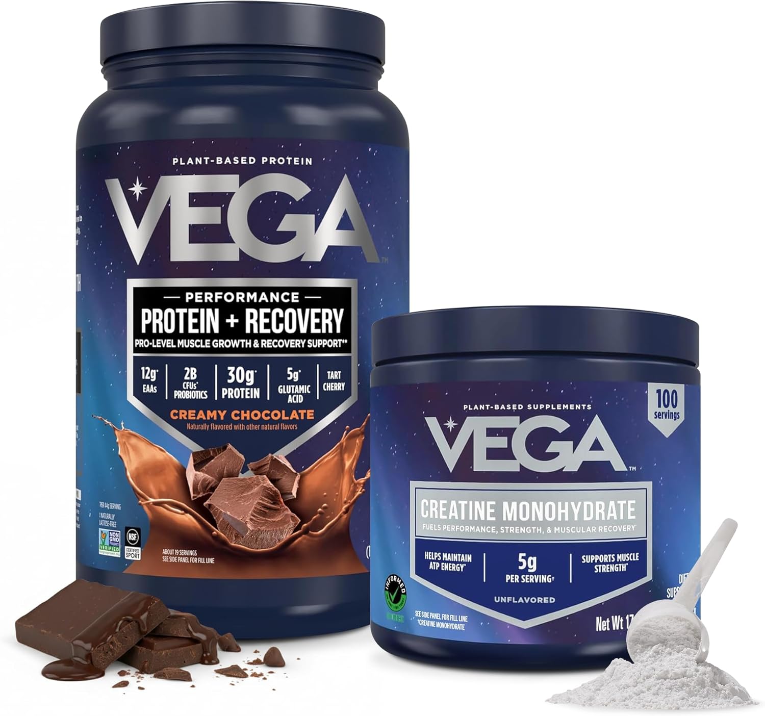 Vega Protein + Recovery Chocolate & Creatine Monohydrate Powder Bundle – 30g Plant Based Protein, 1.8 lbs (19 Servings) & 5g Pure Unflavored Creatine Monohydrate Powder, 17.6 oz (100 Servings)