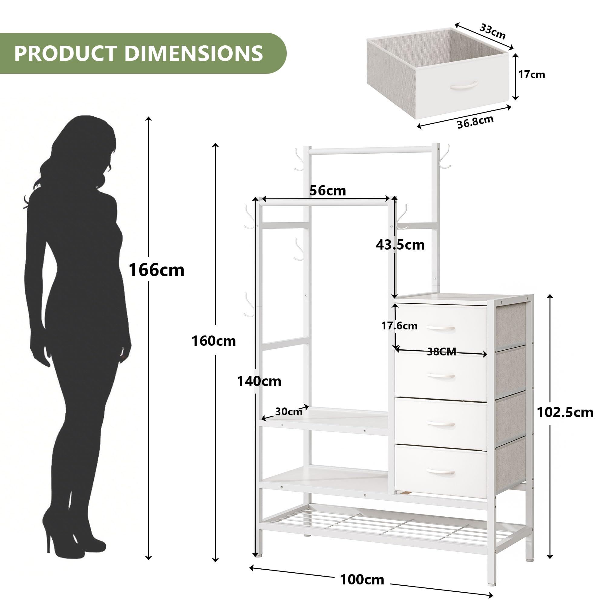FEONASE Cassettiera 3 in 1 Per Camera Da Letto, Con 4 Cassetti in Tessuto, Con 2 Appendiabiti e 5 Ganci, il Design inferiore a Tre Strati Può Contenere Scarpe, Borse, Vestiti e Altri Oggetti, Bianco