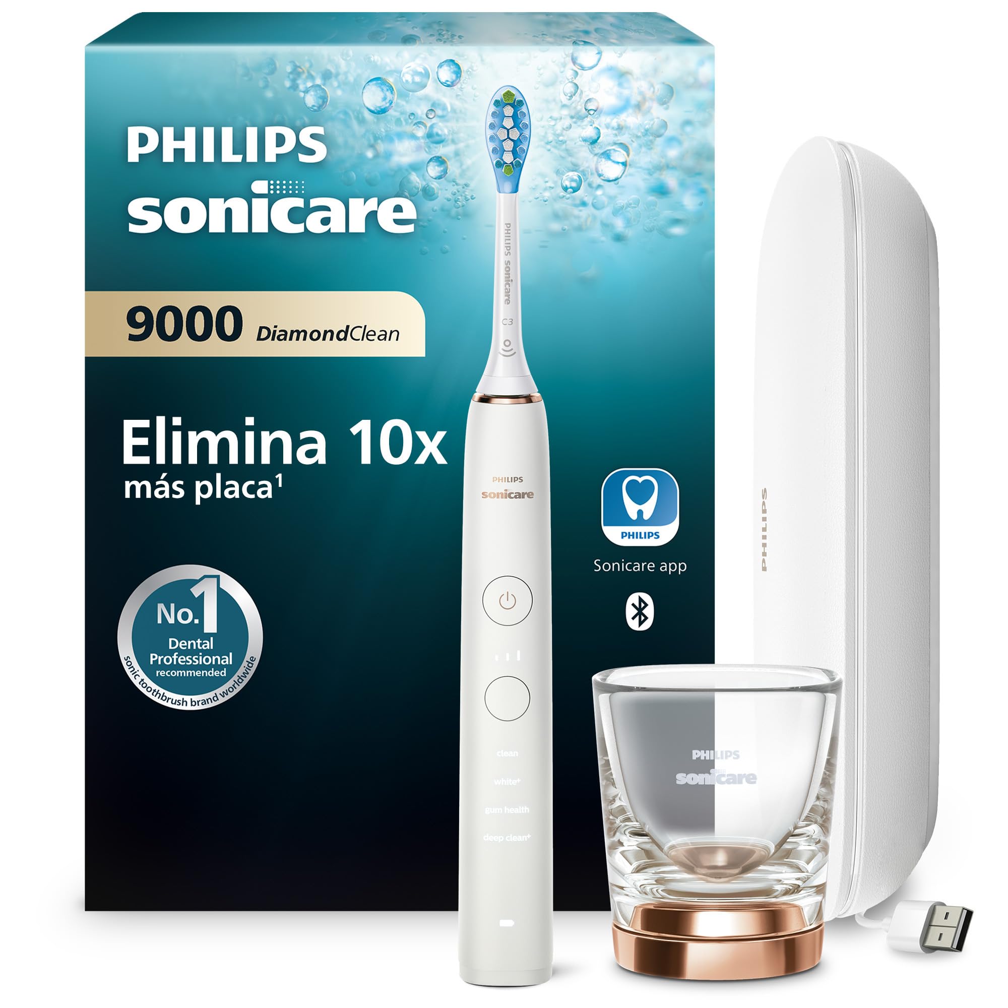 Philips Sonicare DiamondClean 9000 cepillo dental eléctrico, cepillo dental sónico con aplicación, sensor de presión, 4 modos de cepillado, 3 niveles de intensidad, modelo HX9911/94