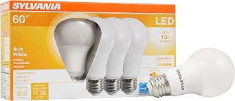 Sylvania LED A19 Light Bulb, 60W Equivalent, Efficient 9W, Medium Base, Dimmable Frosted 2700K Soft White, 4 Pack
