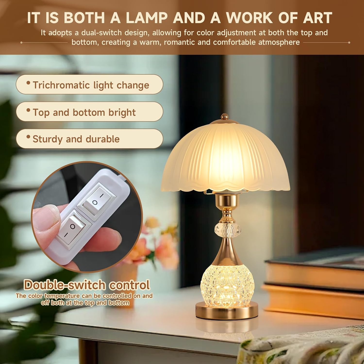 Crystal Bedside Table Lamp, Elegant Petal Desk Lamp with Dimmable Warm Light, Luxury Nightstand Light for Bedroom, Living Room and Den, Push Button Control