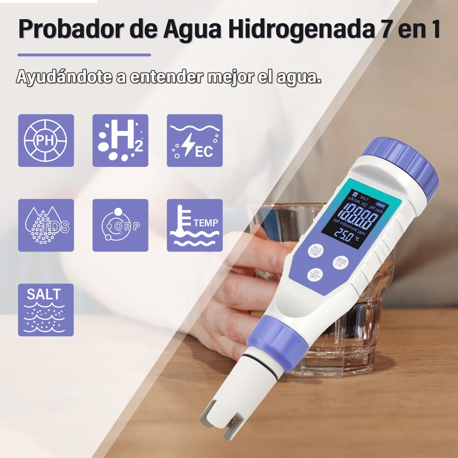 Tester per Acqua Idrogenata, 7-in-1 H2 TMEP EC TDS ORP SALE pH-Metro per Bottiglie di Acqua Idrogenata, Misuratore TDS Digitale per Test Acqua Potabile, Acqua Filtrata, Misuratore pH per Succo