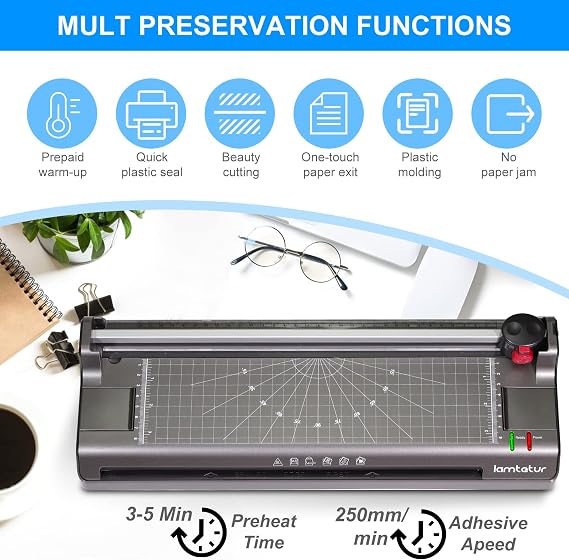 Lamtetur 7 in 1 laminator,laminator Machine for A3/A4A6,Laminator Machine with Laminating Sheets 270pcs for Office Home School Use,Paper Trimmer, Corner Rounder Hot &Cold System(Gray)