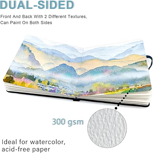 Miniatura 4 de E-WEICHEN 5x5 Cuadernos de acuarela de tela portátiles hechos a mano con tapa dura de tela cosida para viajes Papel para acuarela de 140LB/300gsm 20