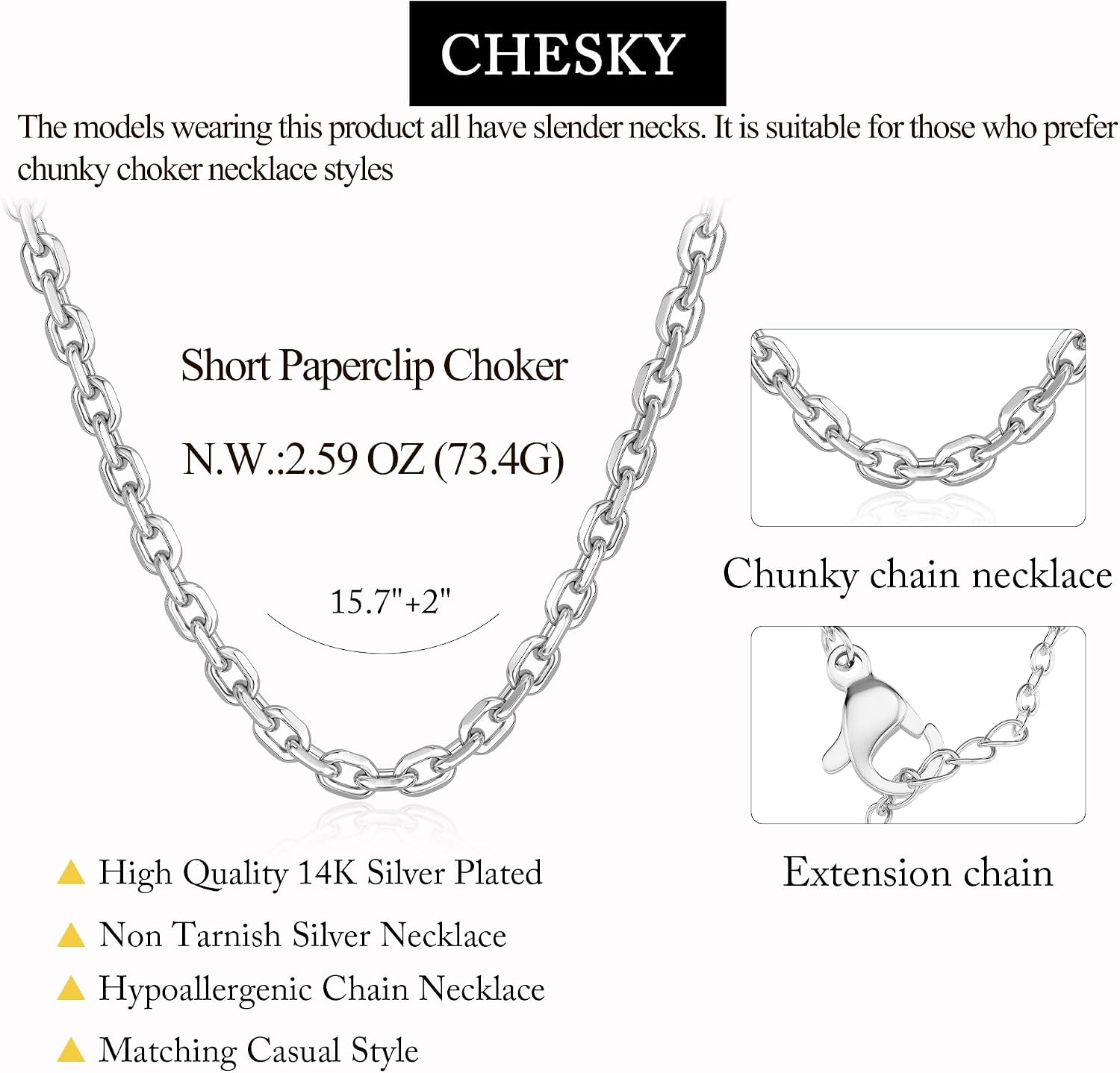 CHESKY 14K Gold Plated Chunky Necklace for Women, Trendy Paperclip Cuban Link Chain Necklace Waterproof Statement Choker Necklace Fashion Non Tarnish Jewelry