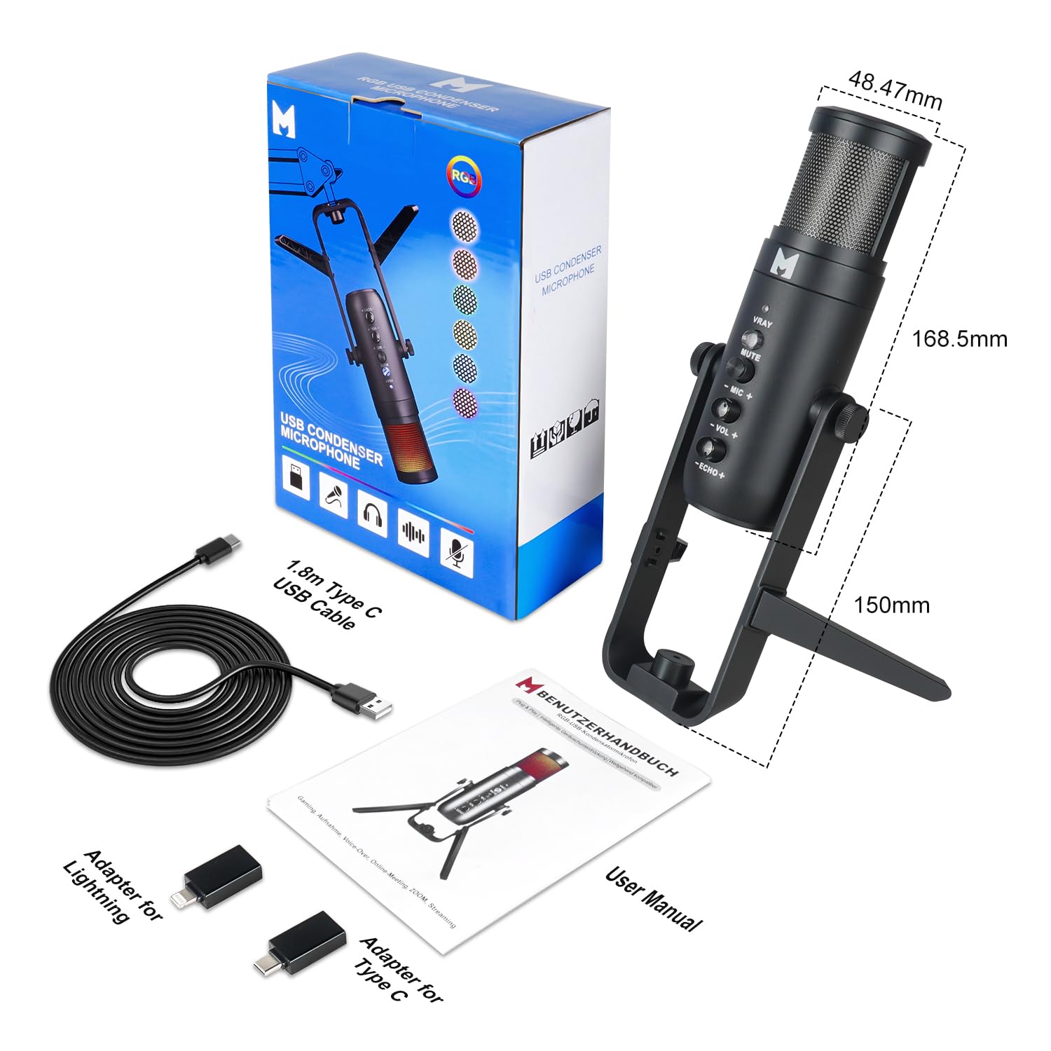 Mikrofon USB do komputera, mikrofon gamingowy do strumieniowego przesyłania podcastów, mikrofon kondensatorowy USB C ze sterowaniem RGB, kompatybilny z telefonami komórkowymi, komputerami,