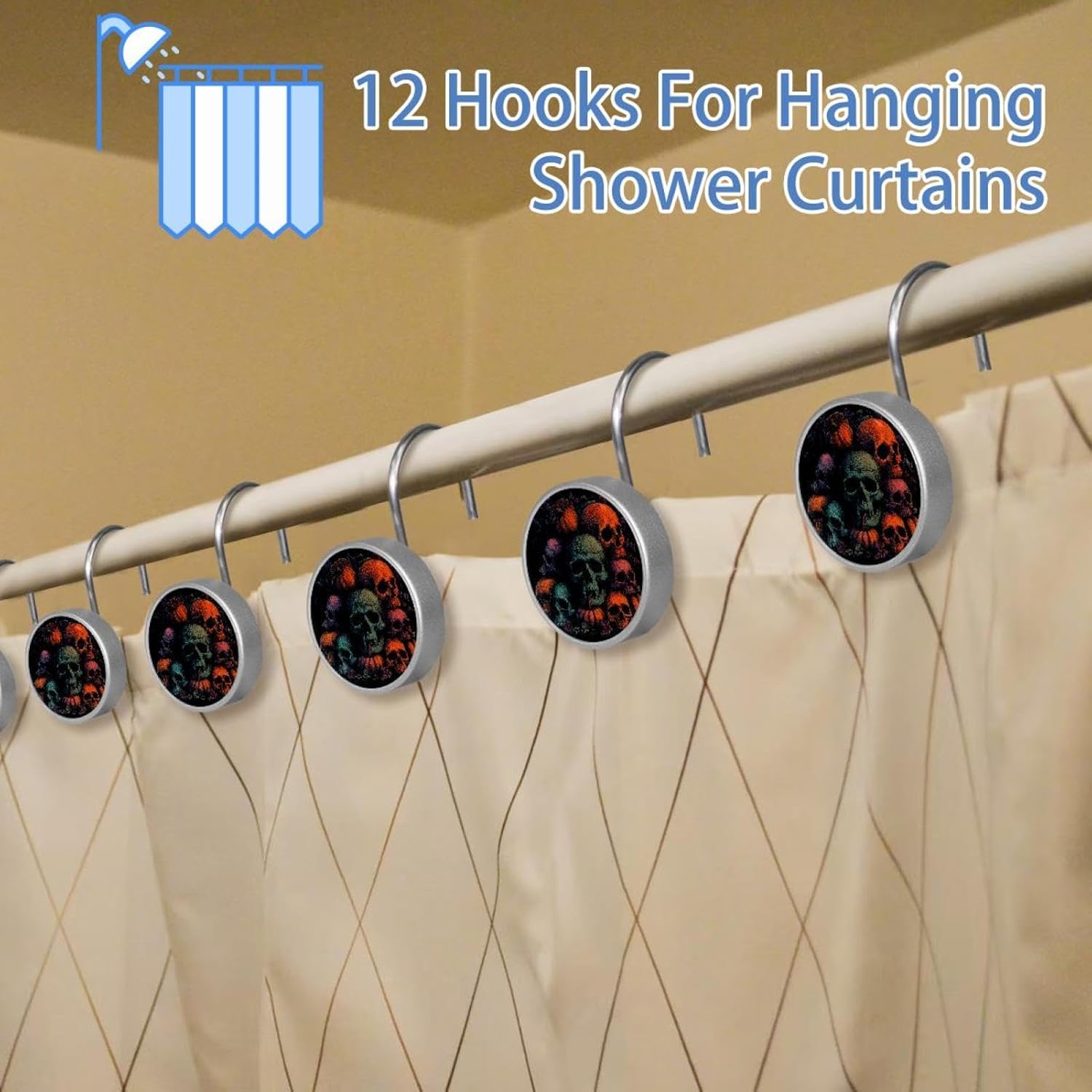 Halloween Scarry Skulls (3) Shower Curtain Hooks,Set of 12 Shower Curtain Rings,Shower Hooks for Curtain Shower Rings,Rust Proof Metal Shower Hooks