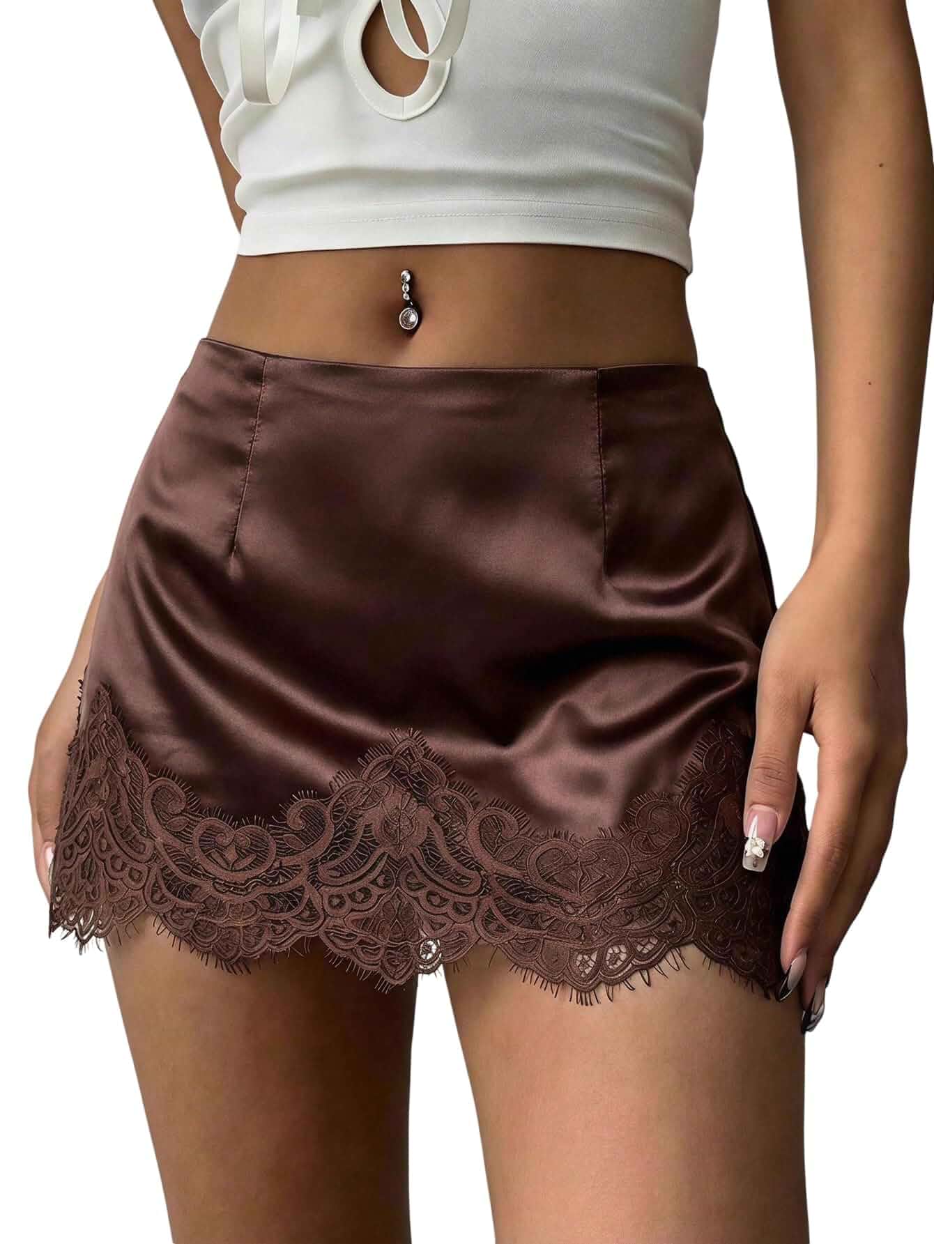 Floerns Women's Sexy Lace Satin Low Rise Patchwork Night Out Mini Skirt Satin, Lace Trim, A Line, Low Rise, Short Underskirt, Streetwear, Rave Club Concert Outfits