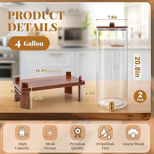 Miniatura 2 de Paquete de 2 dispensadores de bebidas de vidrio de 4 galones con soporte de madera de acacia y tapa, dispensador grande de bebidas de vidrio con