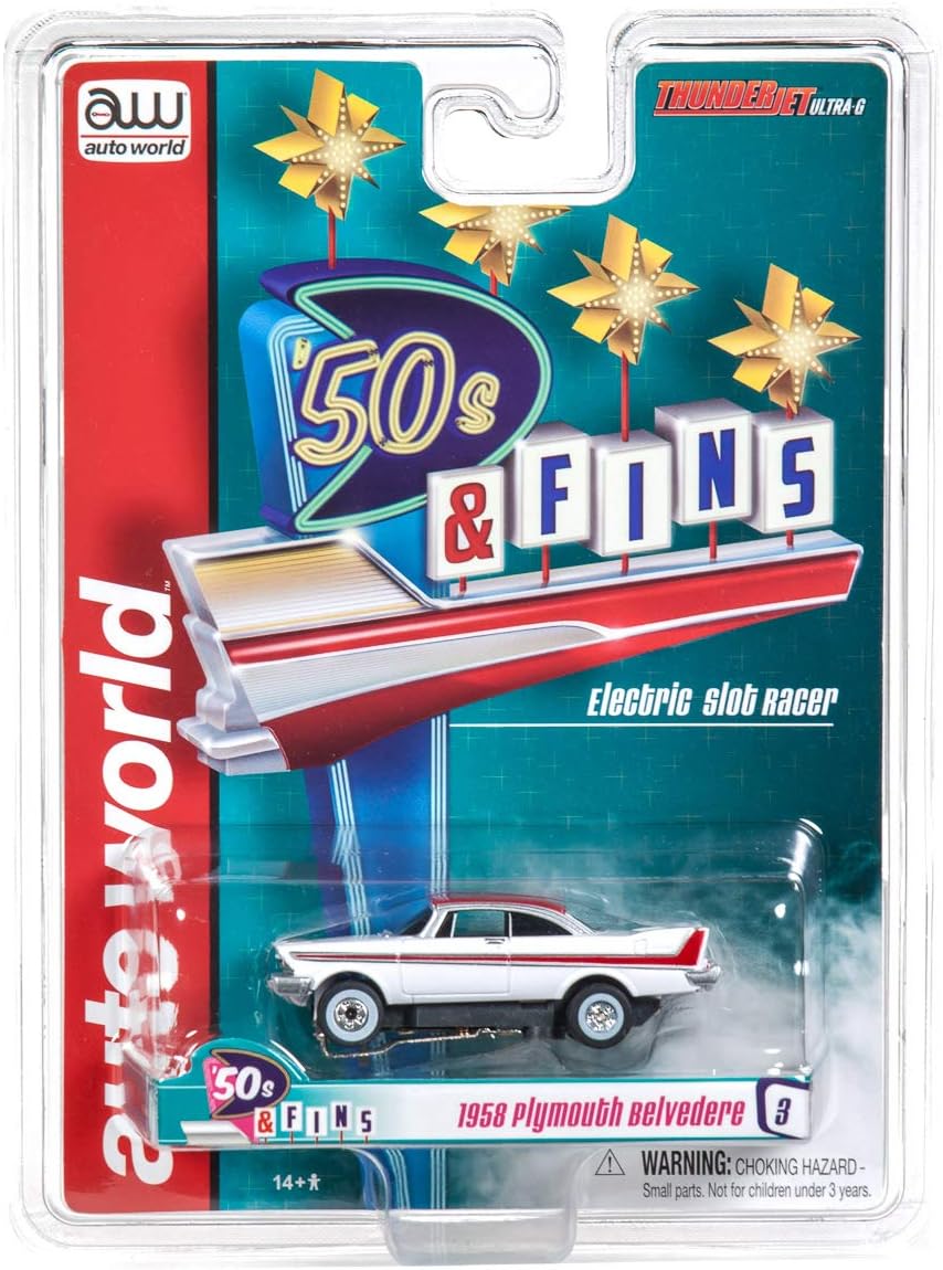 Auto World Thunderjet Ultra G R22 1958 Plymouth Belvedere (White/red) HO Scale Slot Car