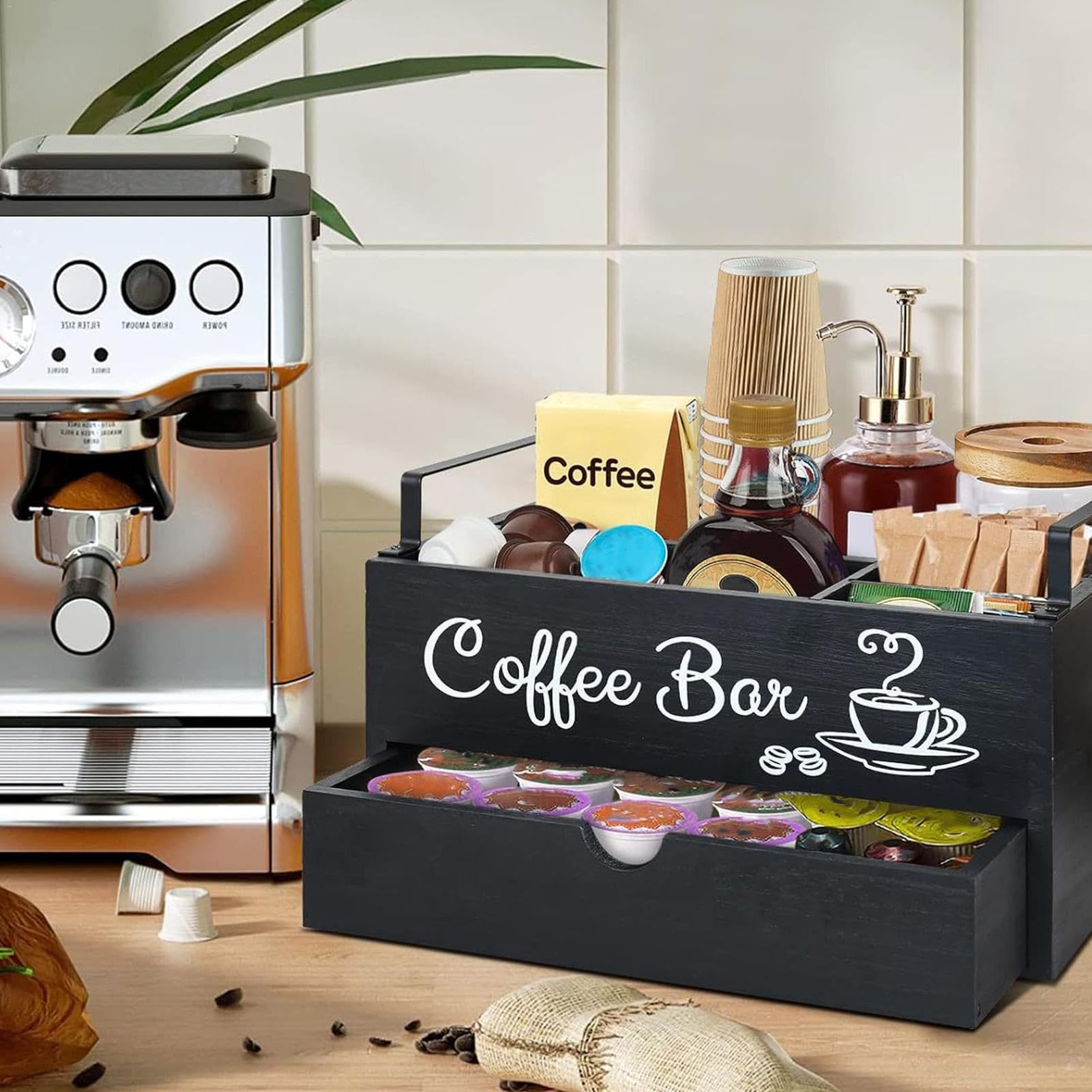 Organiseur de café en bois – Organiseur de station de bar à café, solution de rangement pour comptoir | Élégant organisateur de station de café, organisateur d'accessoires de bar à café pour la