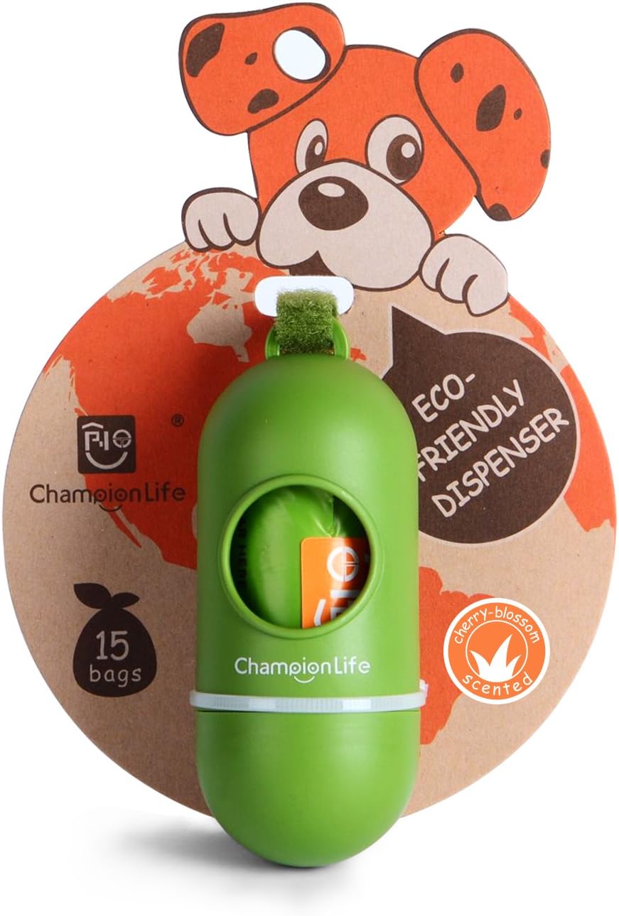 ChampionLife Leash Dispenser for Dog Waste Bags, including 15-Count Cherry-scented Dog Waste Bags（Earth Friendly Green Dispenser)