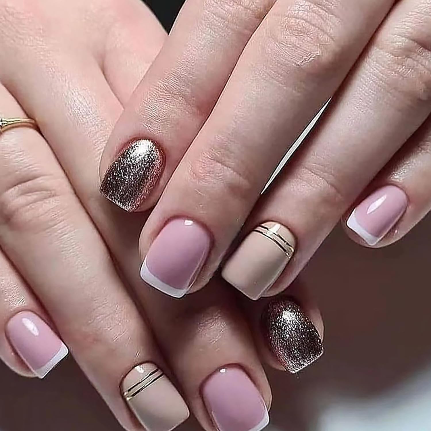 24 Pcs White French Tip Press on Nails Short Square Pink Fake Nails Stick on Nails Nude False Nails with Gold Line Glitter Design Glossy French
