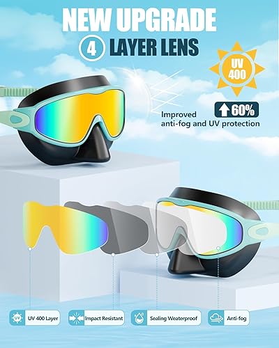 Vista 7 de Aegend Gafas de natación con cubierta para la nariz, paquete de 2 máscaras de natación de visión amplia, antivaho/UV 03-negro, verde claro