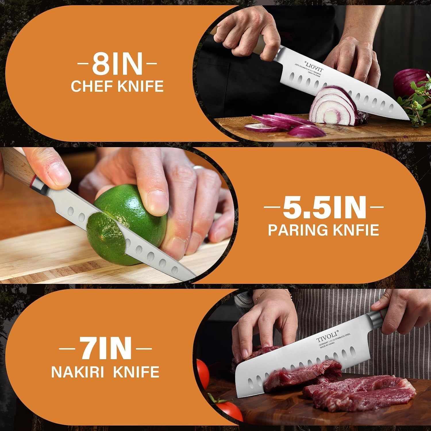 TIVOLI 3 PCS Kitchen Knife Set, High Carbon Stainless Steel Cutlery Knife Set, Ergonomic Wood Handle, Professional Chef Knife Set Gifts For Cooks