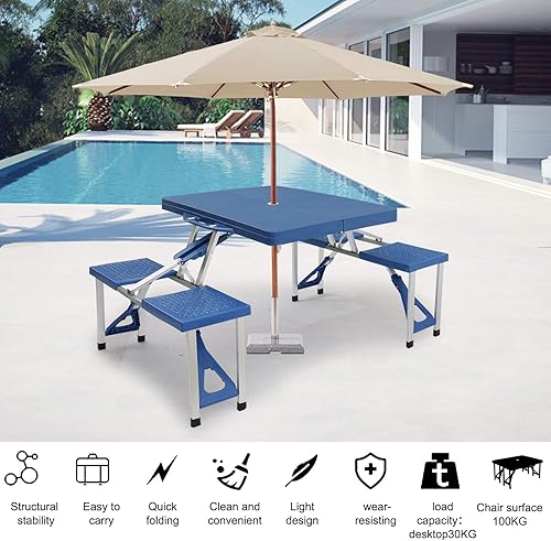 Miniatura 4 de Ochine Mesa de picnic plegable portátil con 4 asientos, mesa de picnic resistente y banco de aluminio plegable con maleta portátil y agujero para