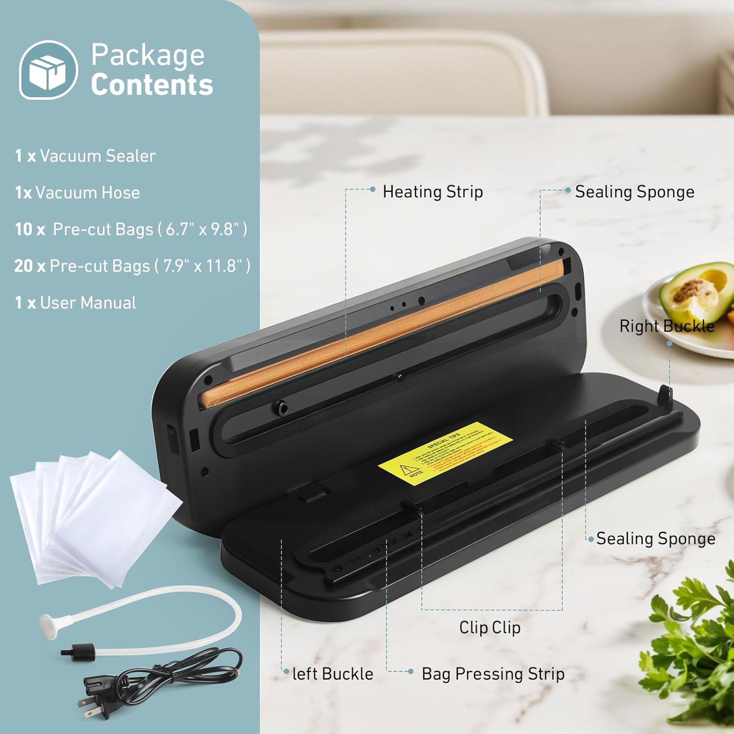 Vacuum Sealer for Food, 6-in-1 Food Sealer Machine 75Kpa for Dry and Moist, Automatic Vacuum Sealing with Built-in Cutter & 30 Vacuum Bags - Image 7
