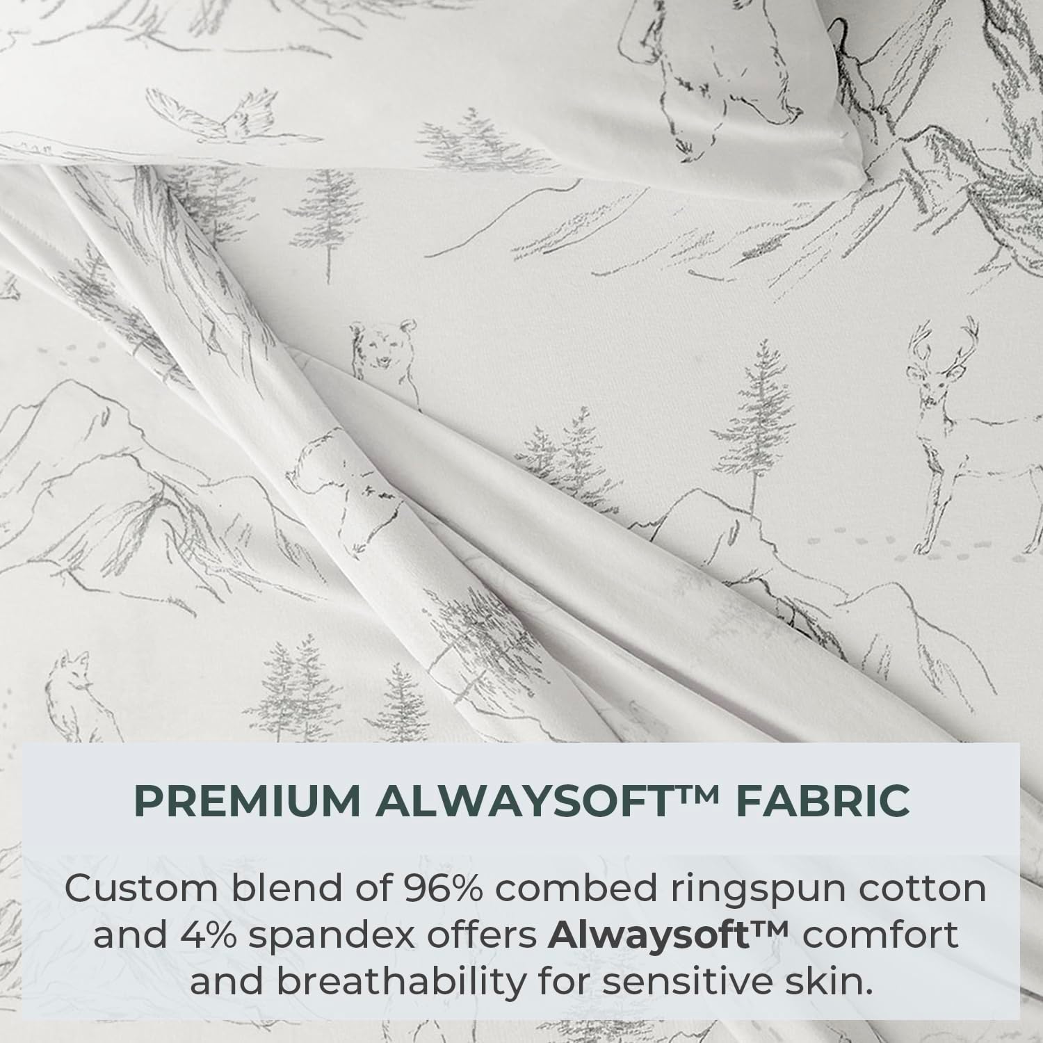 Pobibaby Premium Twin Full Sheets Sets, Kids Double Bed Sheets in Cotton Blend | Ultra-Soft Woodland Camping Print with Fitted Sheet, Flat Sheet & Pillowcases (Twin Explore Monochrome) - Image 2