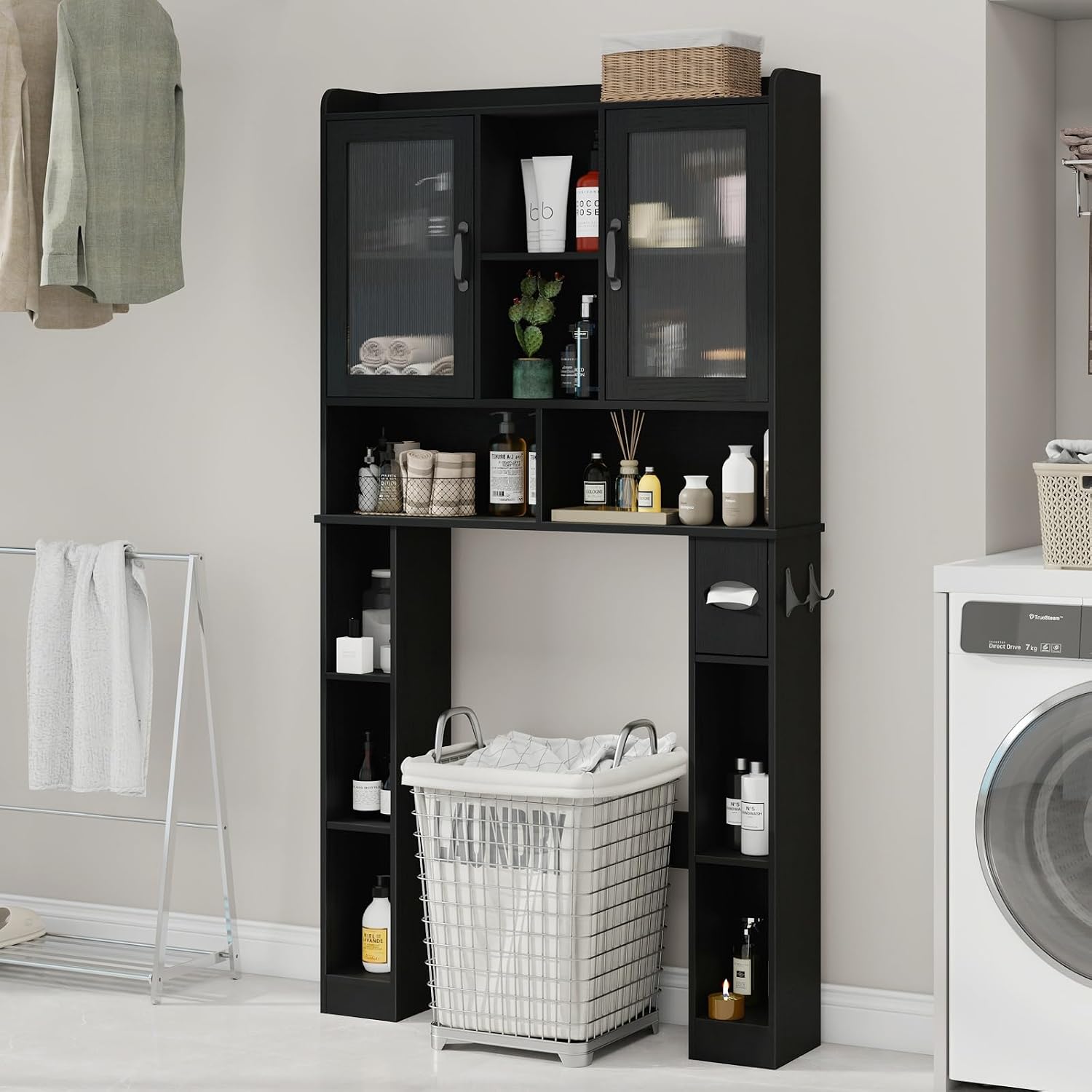 Vabches Over The Toilet Storage Cabinet, Farmhouse Storage Cabinet Over Toilet with Acrylic Doors, Adjustable Shelf, Home Space-Saving Toilet Rack, for Bathroom, Restroom, Laundry