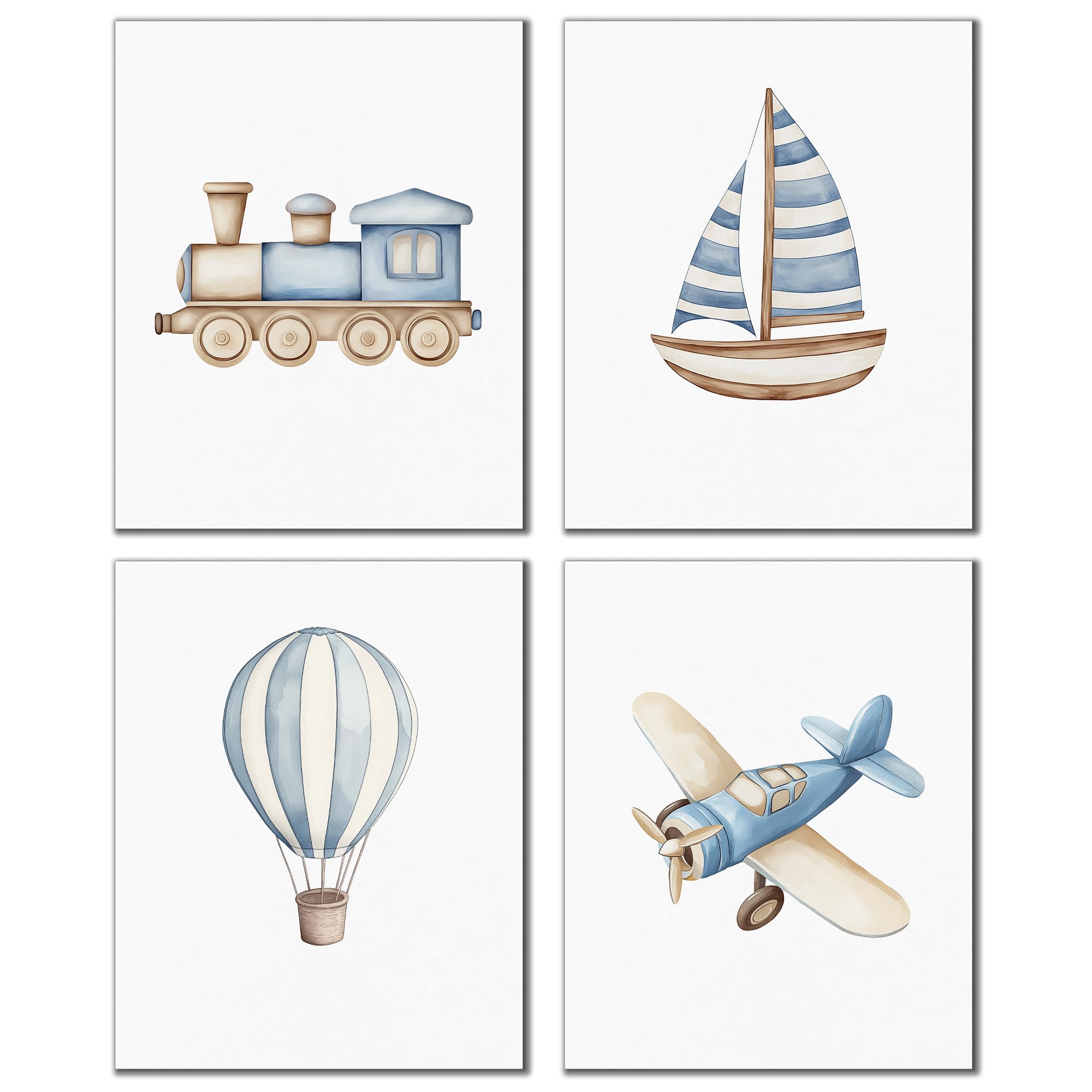 DOFQZ Vehicle Nursery Wall Art Prints Set of 4, Kids Room Decor, Watercolor Blue Train Sailboat Hot Air Balloon Aircraft Posters for Kids Boys Room