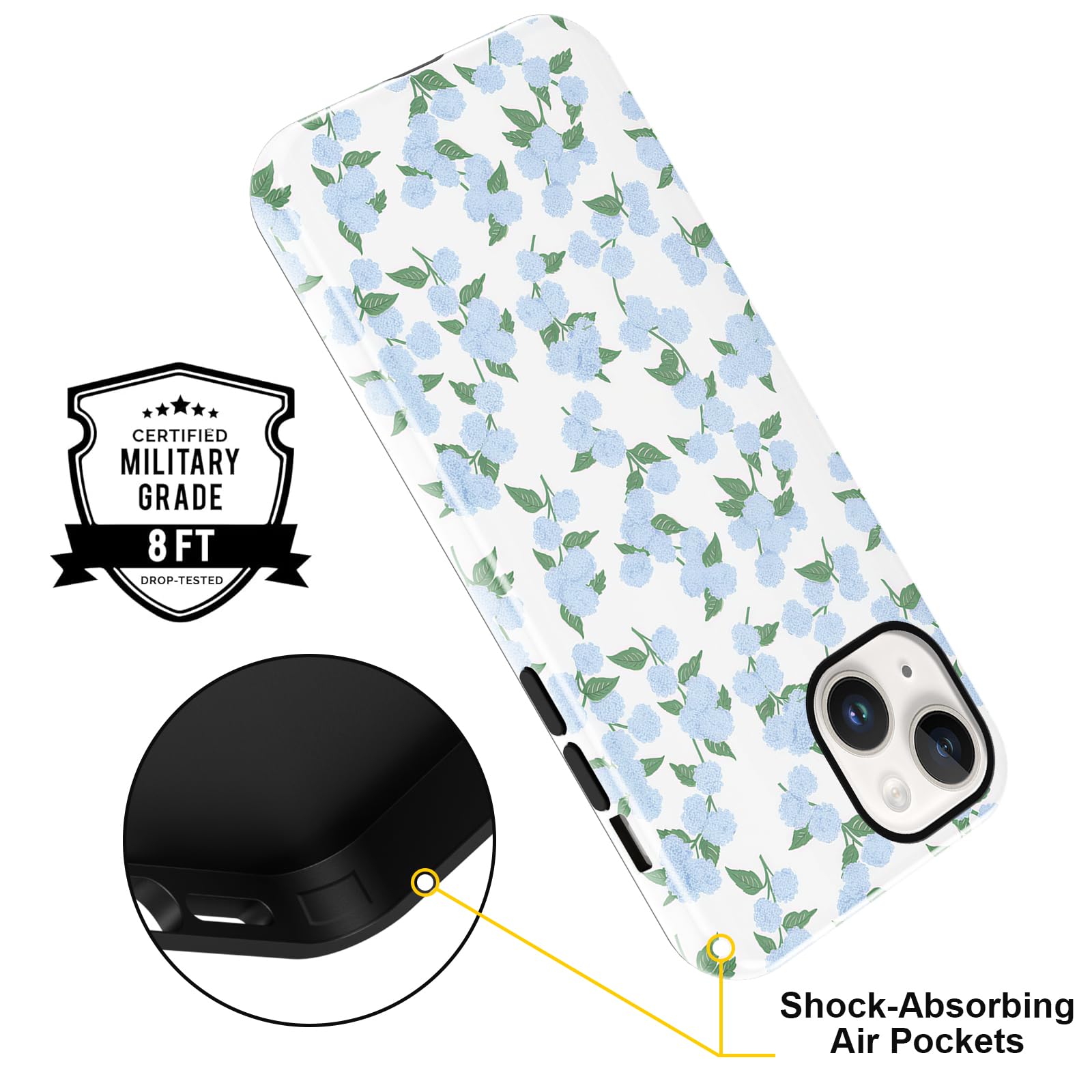 Funda protectora para iPhone 14/iPhone 13 de 6.1 pulgadas, diseño de flores de hortensias azules, funda protectora de silicona TPU suave a prueba de golpes para mujeres y niñas