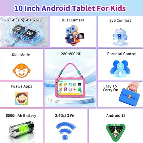 Miniatura 2 de NEWISION Tablet de 10 pulgadas para niños, Android 15 Tablet educativa con cordón, almacenamiento de 32 GB, pantalla HD IPS, WiFi, cámara dual,
