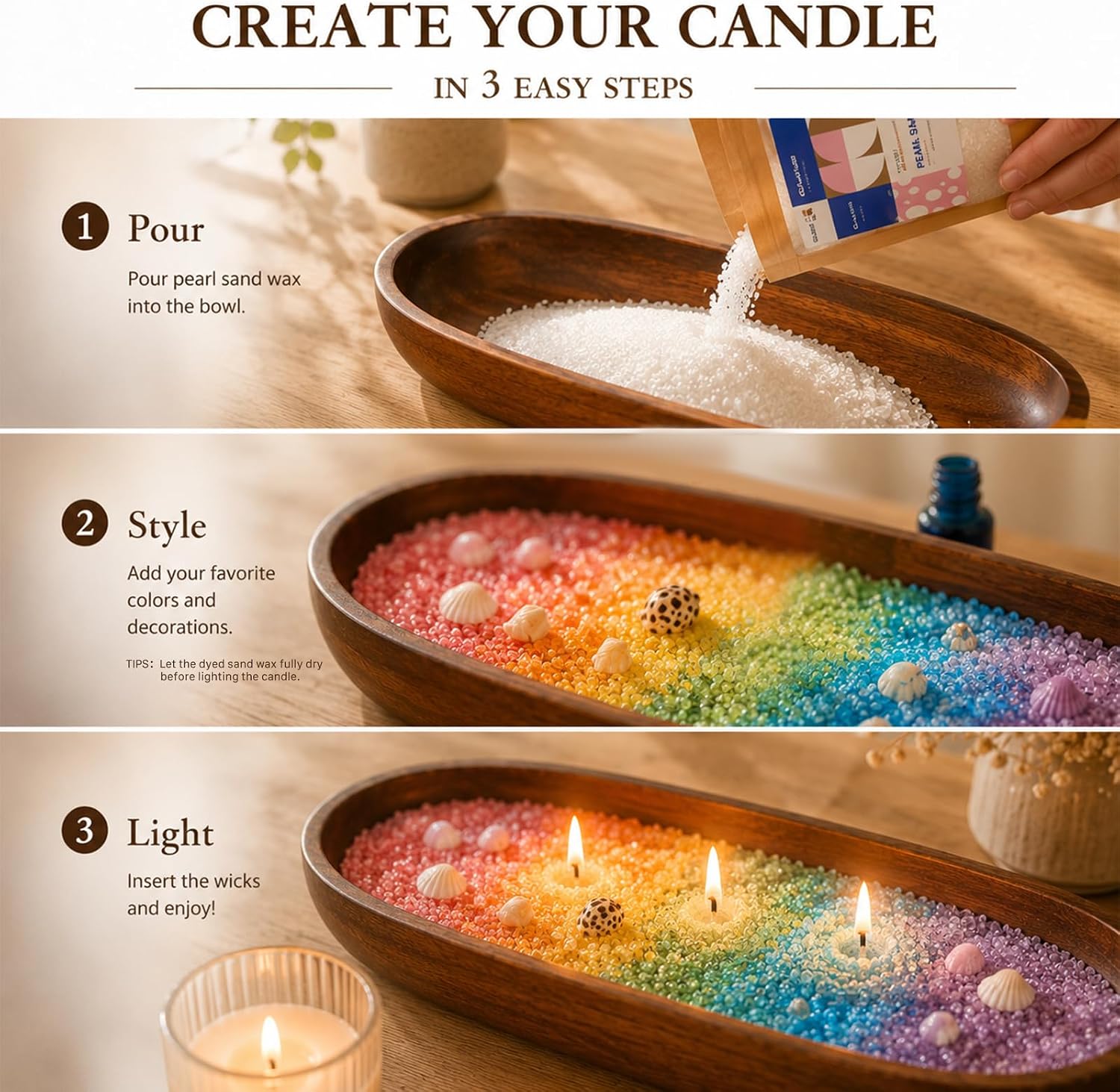 Glizma Pearl Sand Wax Candle Making Kit with Acacia Wood Bowl image 2