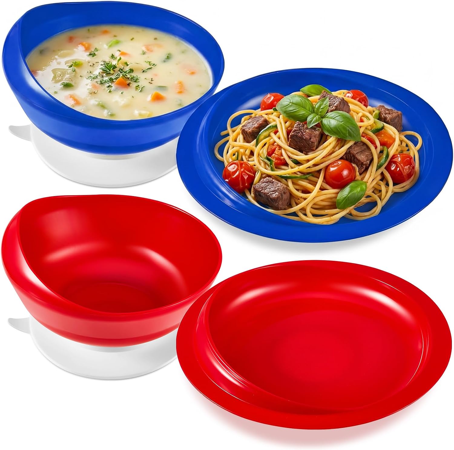 Hushee 2 Sets Adaptive Spill Proof Scoop Bowl and Plate Set with Suction Base Non Skid Self Feed Suction Dinnerware for Elderly Disabled Handicapped from Parkinsons Tremor (White)