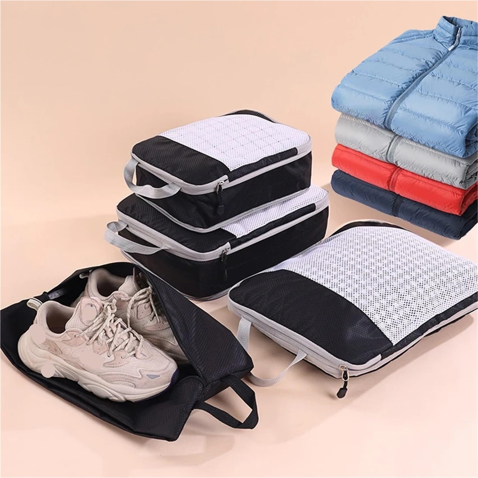 Set da 4 cubi viaggio salvaspazio for vestiti, calzini, organizer a compressione, borsa portatile for scarpe Organizer per valigie(Darkblue-A)