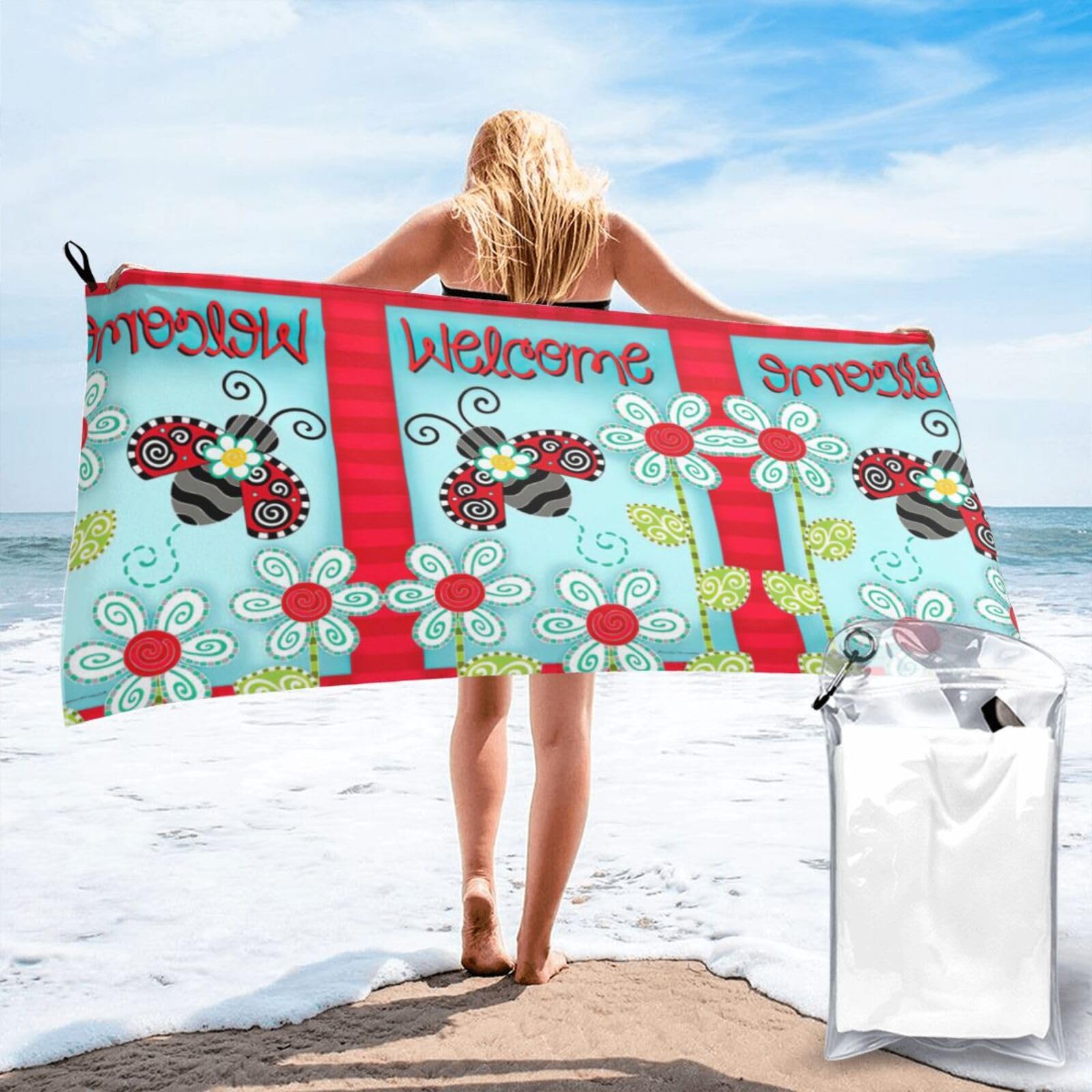 WYCZHY Ladybug Flower Print Beach Towel Soft Quick Dry For Spa Pool Gym Vacation Travelers Women Men Adults Sauna Gift