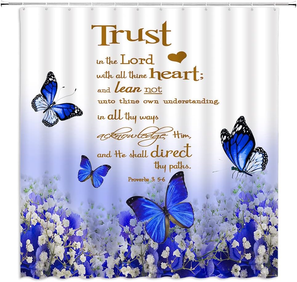 GCTNBJL Inspirational Quote Shower Curtain Teal Flower Butterfly Trust in The Lord Motivational Words Nature Creative Rustic Bathroom Decor Fabric Curtain with Hooks