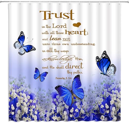 Miniatura 5 de GCTNBJL Cortina de ducha con frase inspiradora, con frase en inglés "Trust in The Lord", rústica, granja, floral, flores amarillas, mariposa,