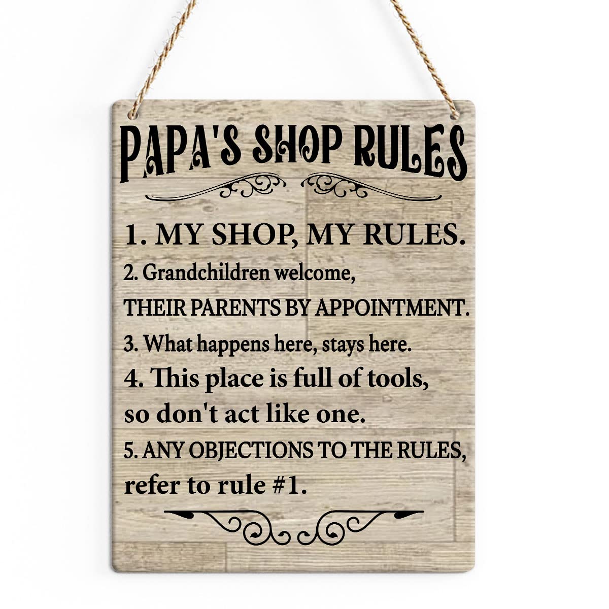 SENJIAN Rustic Papa's Shop Wood Decor Sign, Papa's Shop Rules Printed Wood Sign Wall Art, Hanging Door Sign, Father's Day Decorative Wood Sign Home Shop Decor 8" x 10"